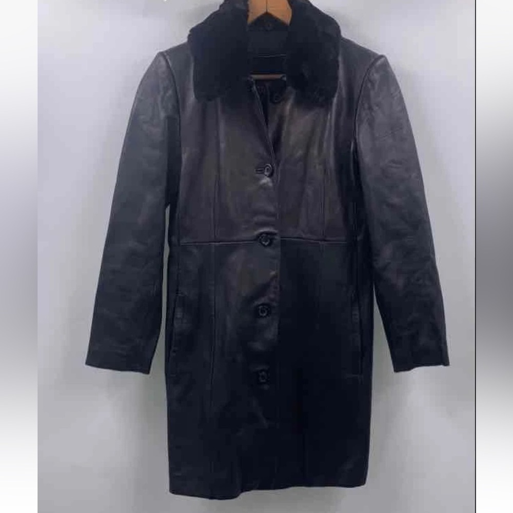 Gorgeous Wilsons Lambskin Leather Black Button Coat Jacket w Fur Trim Collar S